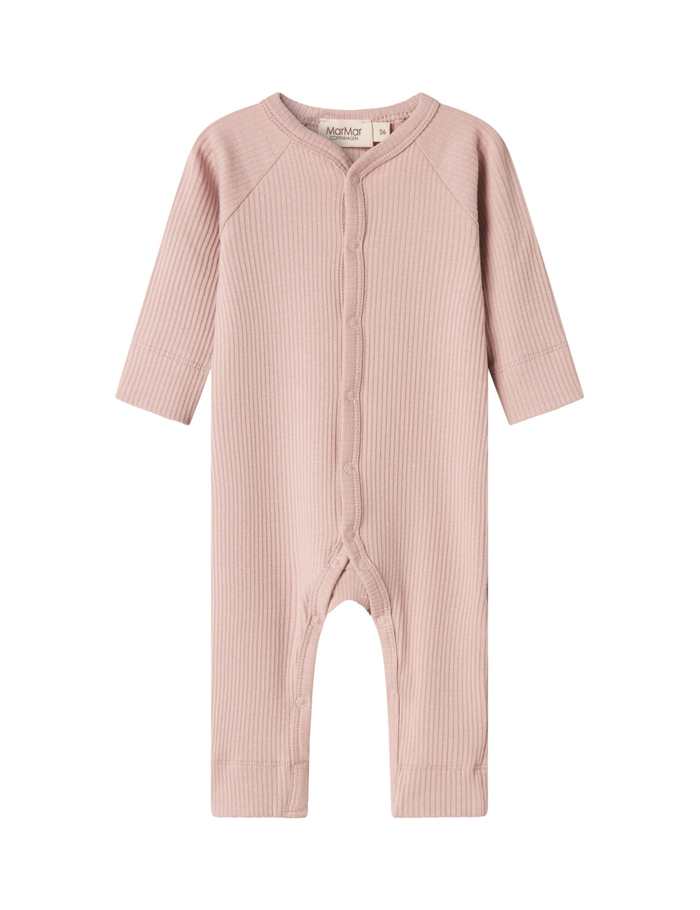 Ribbstrikket lyserød heldragt til baby i blødt materiale med lange ærmer og lange ben og tryknapper