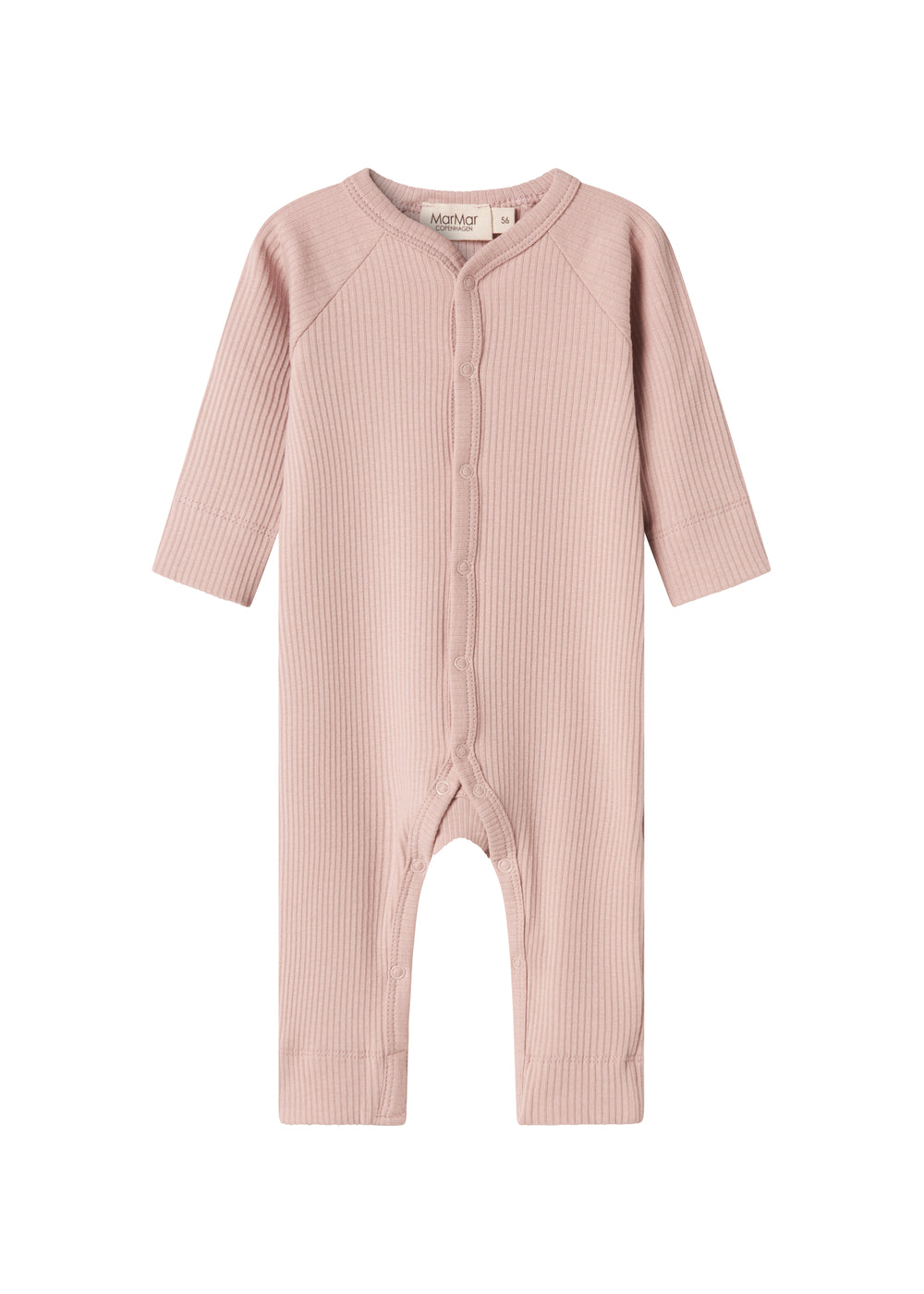 Ribbstrikket lyserød heldragt til baby i blødt materiale med lange ærmer og lange ben og tryknapper