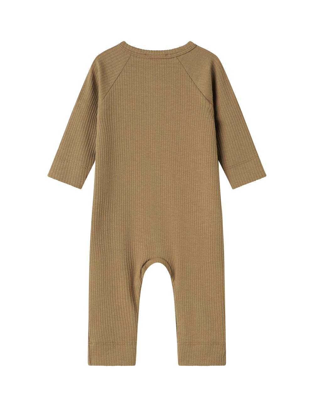 Ribbstrikket brun heldragt til baby i blødt materiale med lange ærmer og lange ben og tryknapper