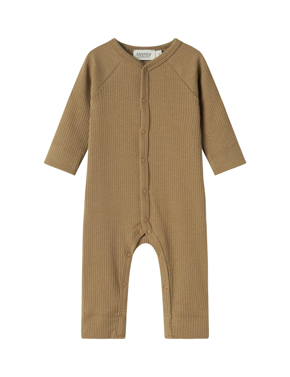 Ribbstrikket brun holdragt til baby i blødt materiale med lange ærmer og lange ben og tryknapper