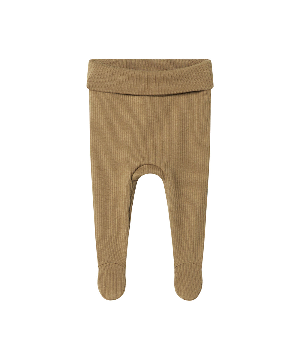 Brune ribstrikkede babybukser med nedbukket kant og futter