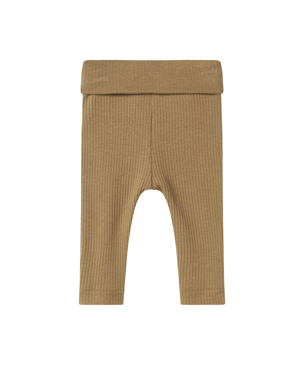 Brune ribstrikkede babybukser med nedbukket kant