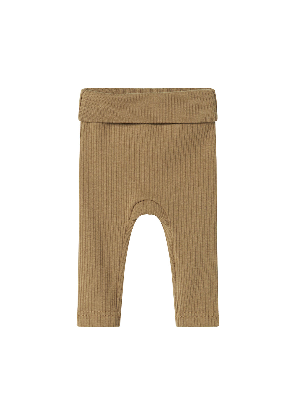 Brune ribstrikkede babybukser med nedbukket kant