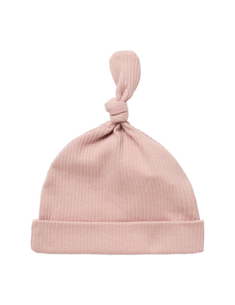 Lyserød ribstrikket babyhue med knude på toppen og opbukket kant