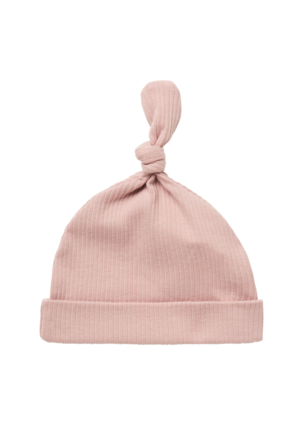 Lyserød ribstrikket babyhue med knude på toppen og opbukket kant
