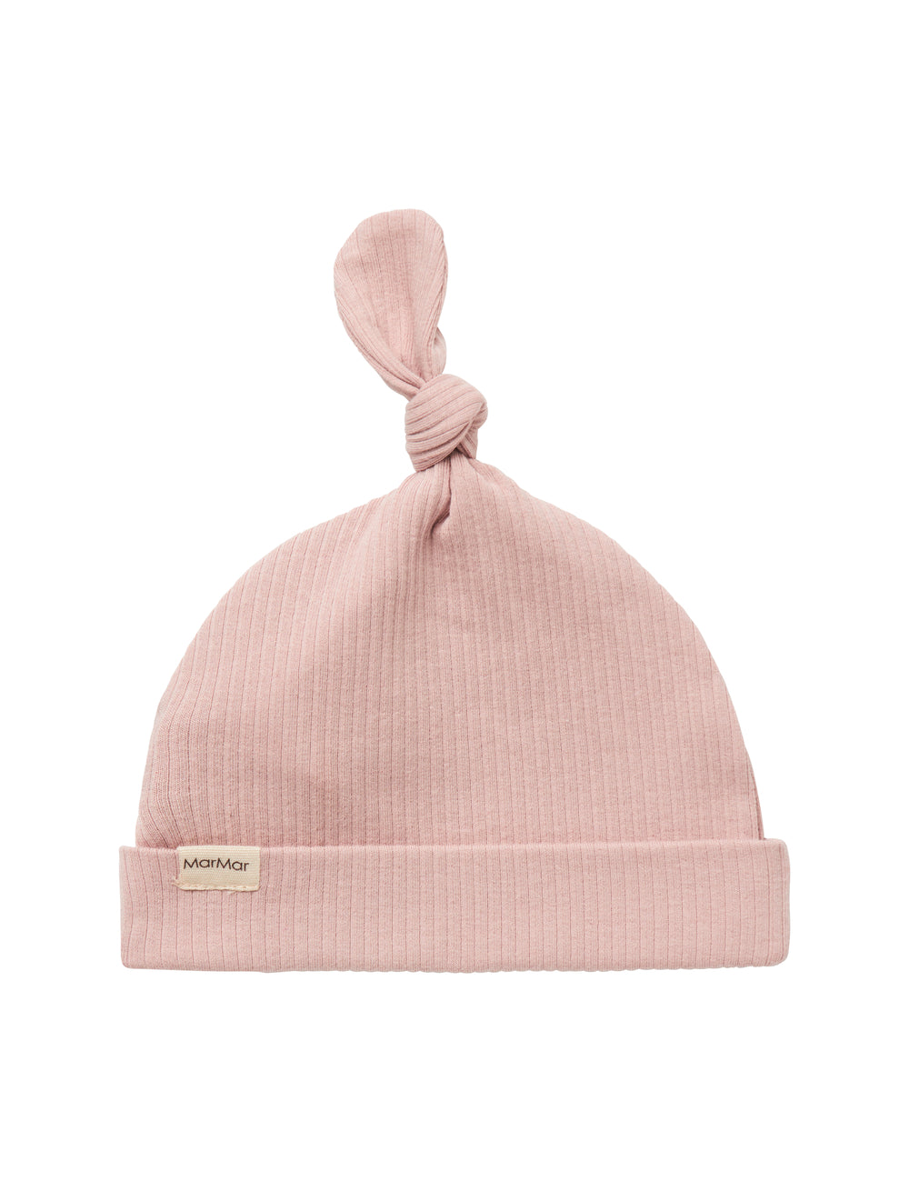 Rødt ribbet babyhjelm med knude på toppen og opbukket kant