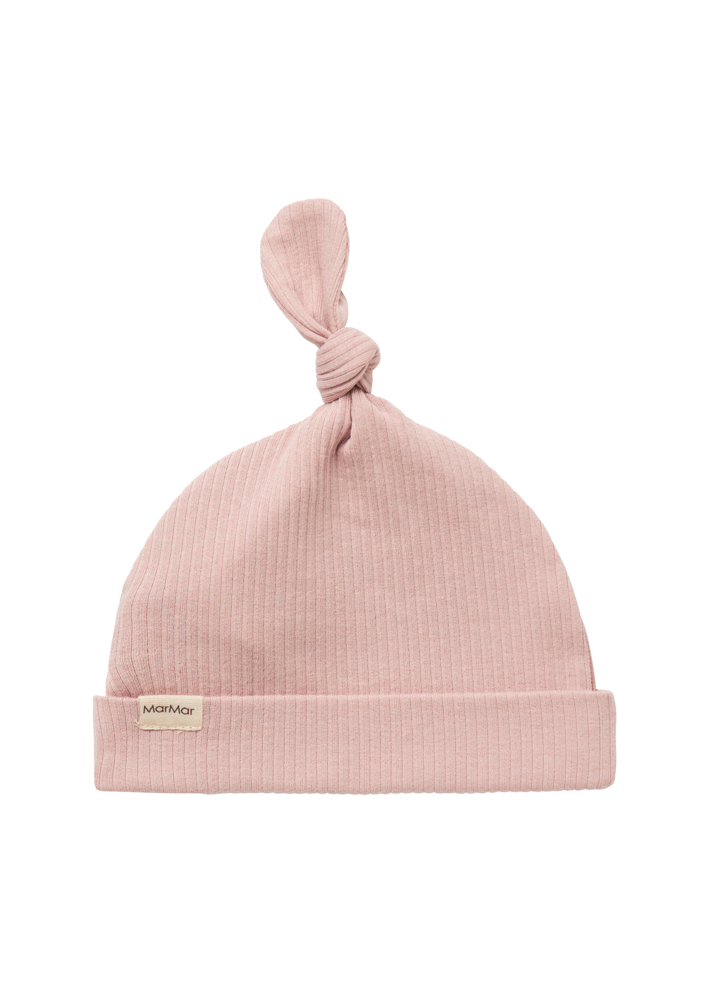 Lyserød ribstrikket babyhue med knude på toppen og opbukket kant