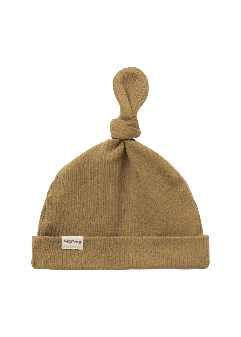 Brun ribstrikket babyhue med knude på toppen og opbukket kant