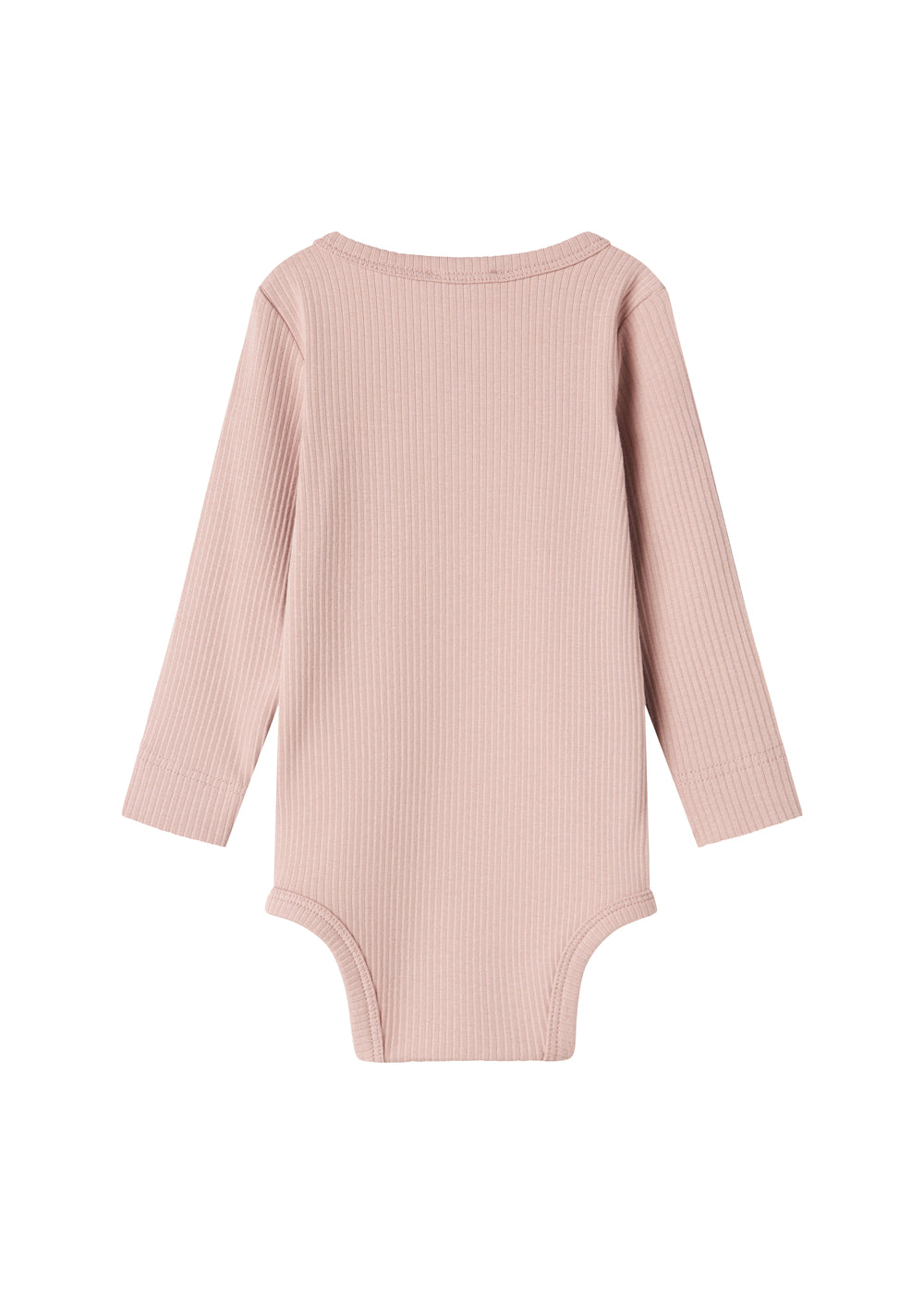 Lyserød ribstrikket babybody med lange ærmer, stolpe knaplukning og trykknapper mellem benene