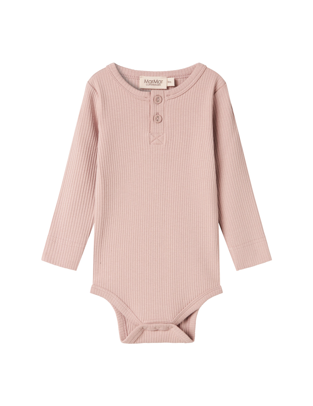 Lyserød ribstrikket babybody med lange ærmer, stolpe knaplukning og trykknapper mellem benene