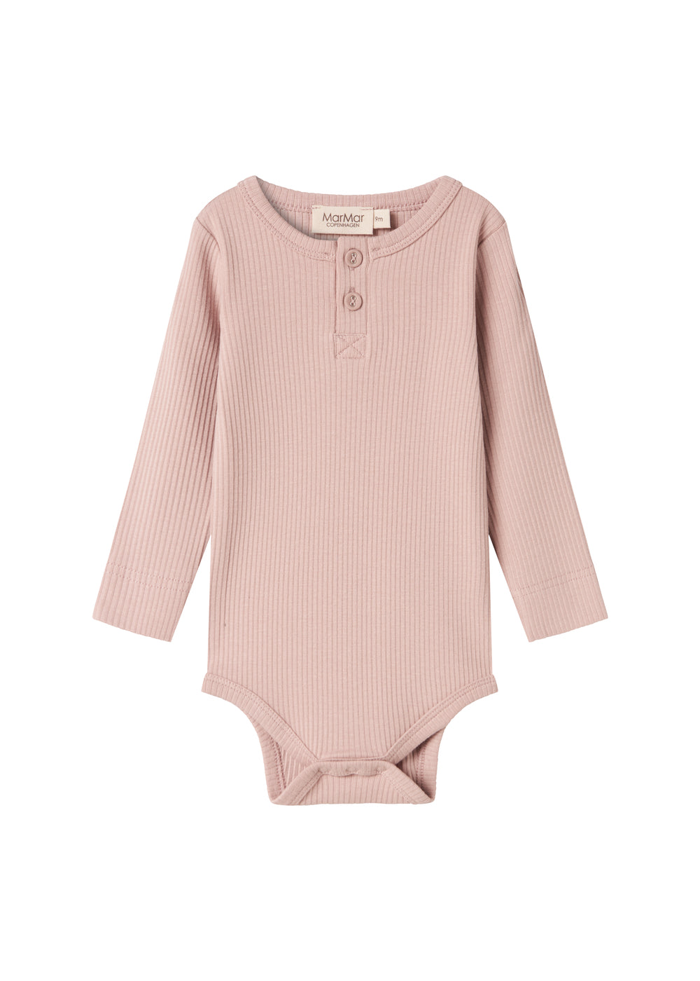 Lyserød ribstrikket babybody med lange ærmer, stolpe knaplukning og trykknapper mellem benene