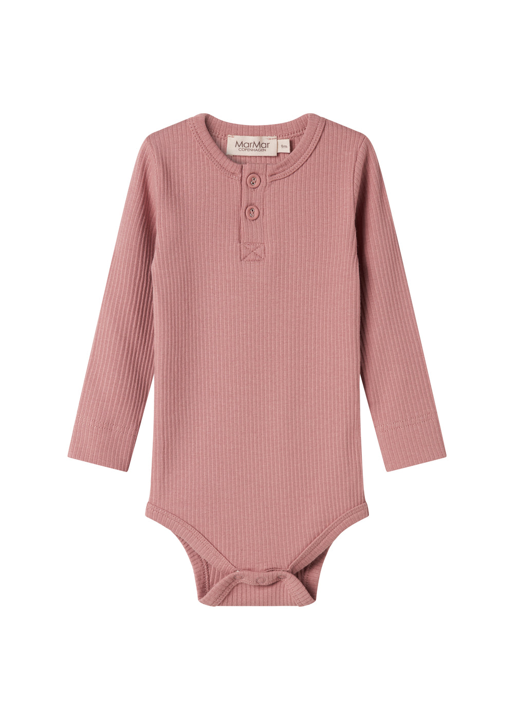 Lyserød ribstrikket babybody med lange ærmer og knapper