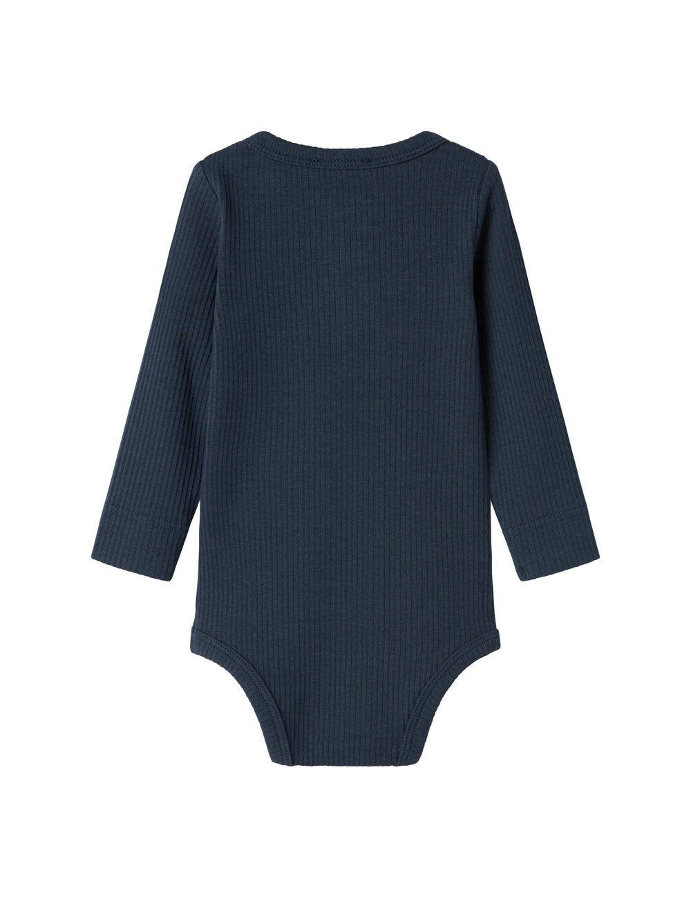 Blå ribstrikket babybody med lange ærmer, stolpe knaplukning og trykknapper mellem benene