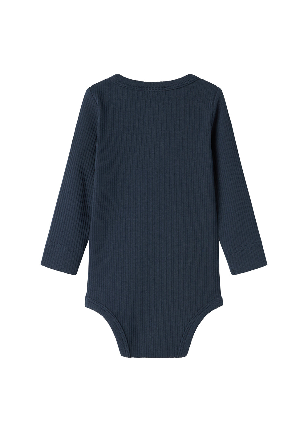 Blå ribstrikket babybody med lange ærmer, stolpe knaplukning og trykknapper mellem benene