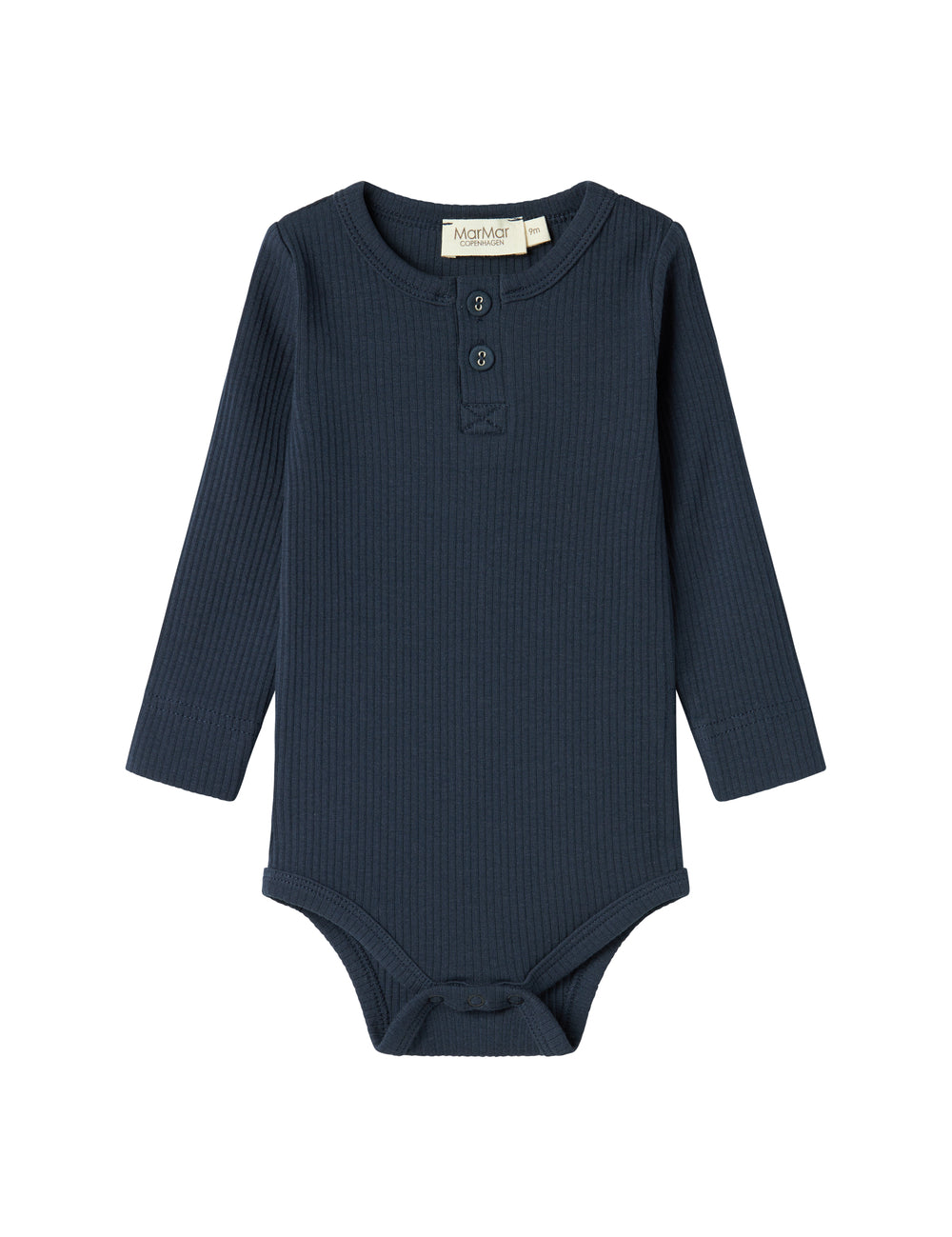 Blå strikket babybody med lange ærmer, stolpe knaplukning og trykknapper mellem benene