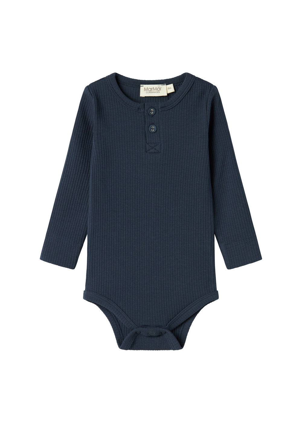 Blå ribstrikket babybody med lange ærmer, stolpe knaplukning og trykknapper mellem benene