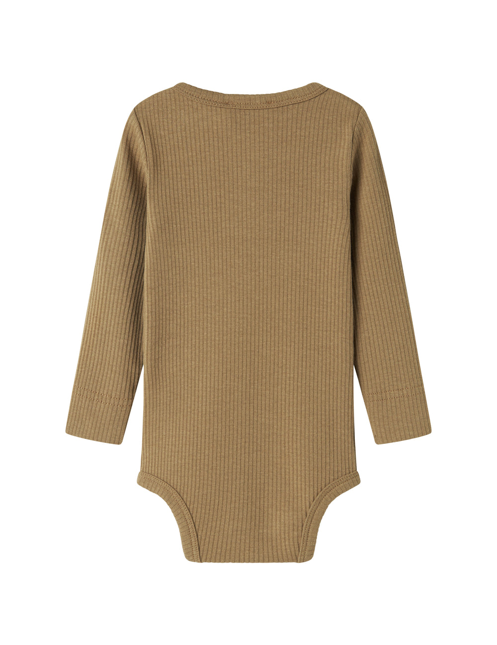 Brun ribstrikket babybody med lange ærmer, stolpe knaplukning og trykknapper mellem benene