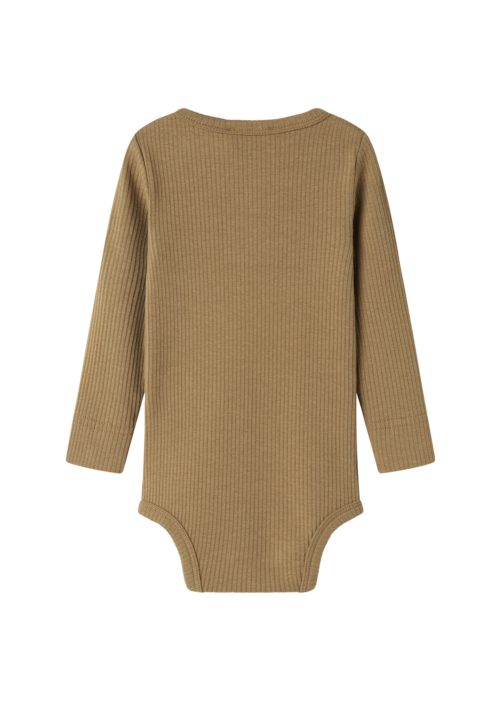 Brun ribstrikket babybody med lange ærmer, stolpe knaplukning og trykknapper mellem benene