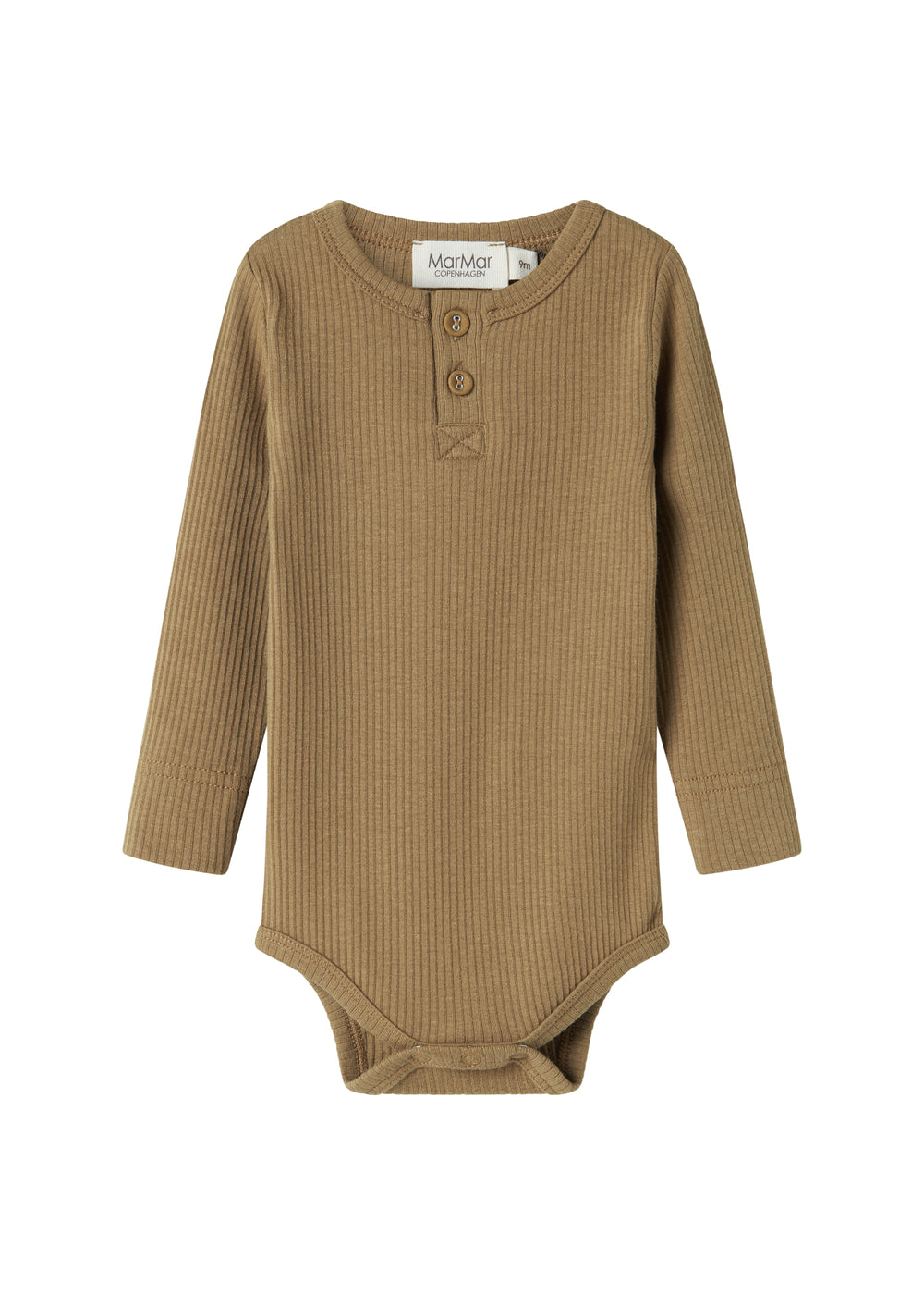 Brun ribstrikket babybody med lange ærmer, stolpe knaplukning og trykknapper mellem benene