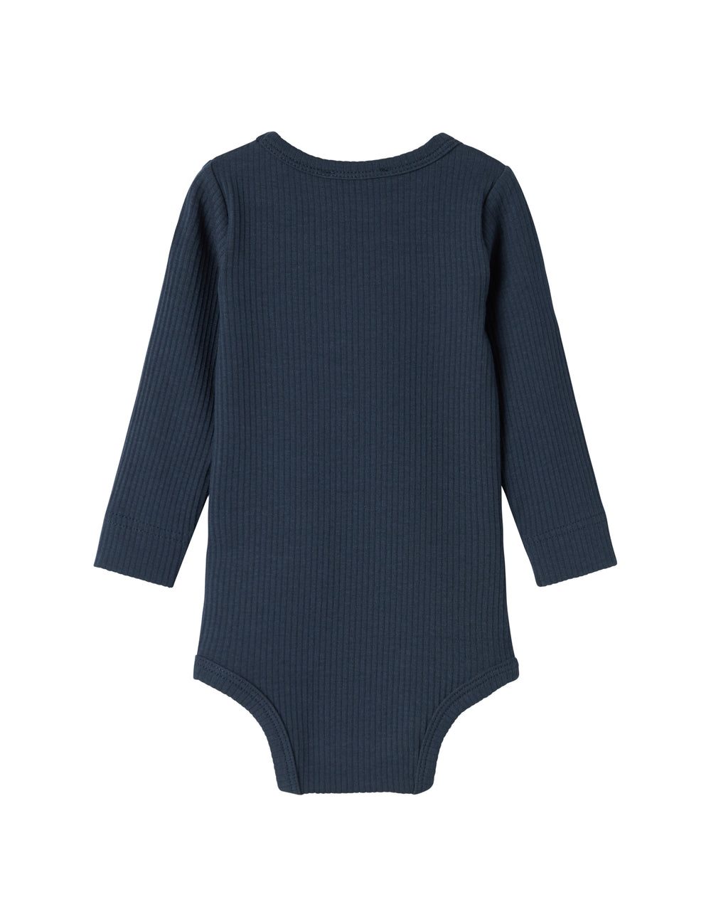 Blå ribstrikket babybody med lange ærmer og knapper mellem benene