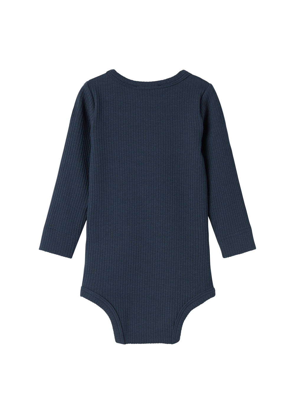 Blå ribstrikket babybody med lange ærmer og knapper mellem benene