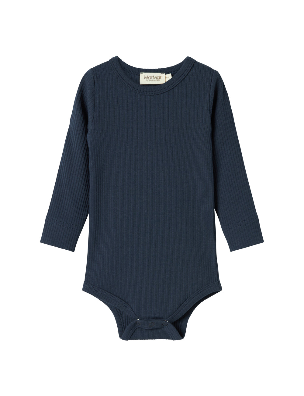 Blå ribstrikket babybody med lange ærmer og knapper mellem benene