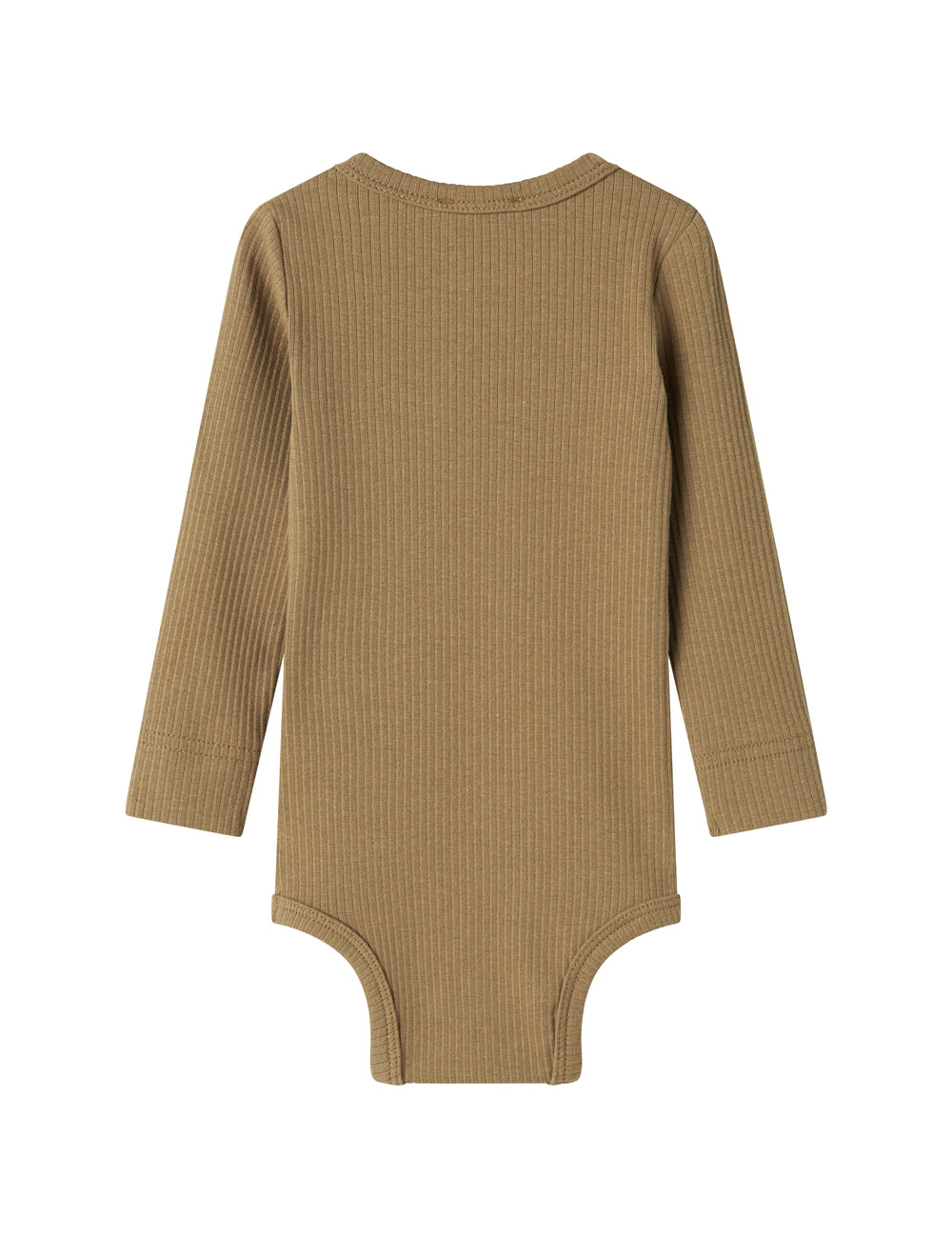 Brun ribstrikket babybody med lange ærmer og knapper mellem benene
