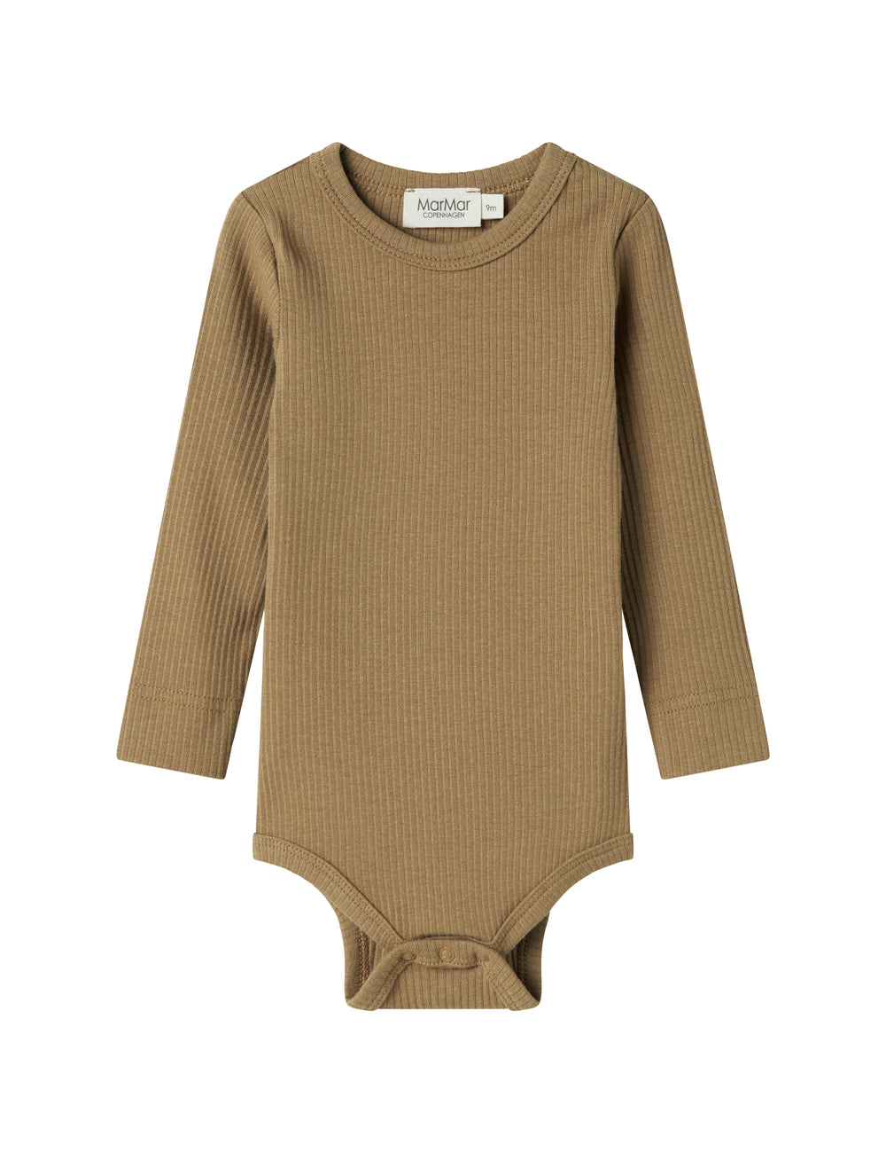 Brun ribstrikket babybody med lange ærmer og knapper mellem benene