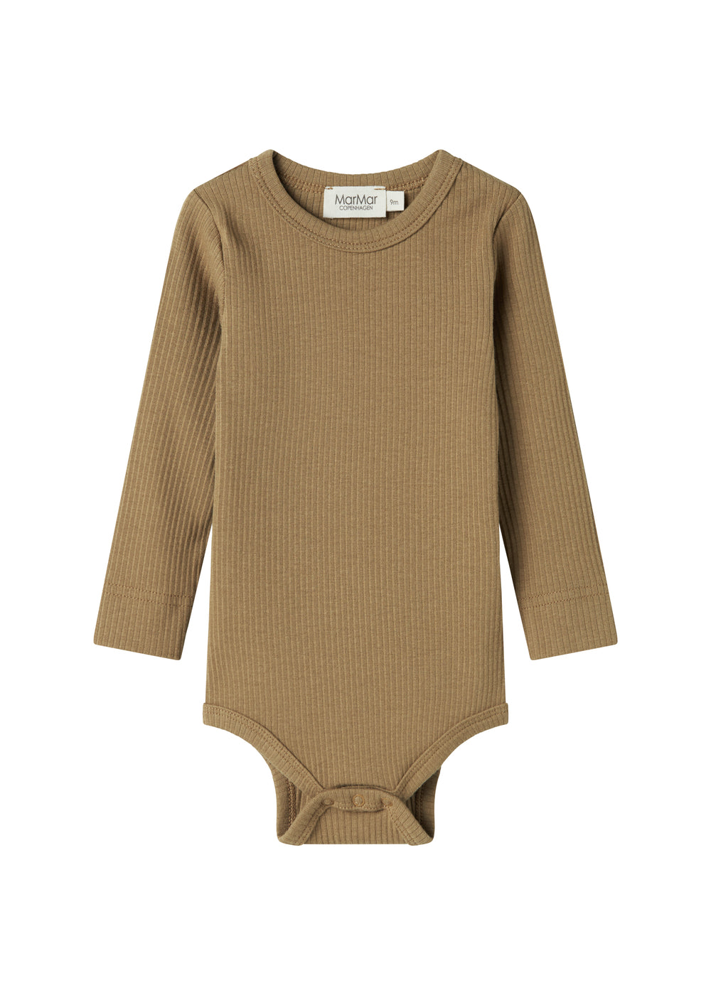 Brun ribstrikket babybody med lange ærmer og knapper mellem benene