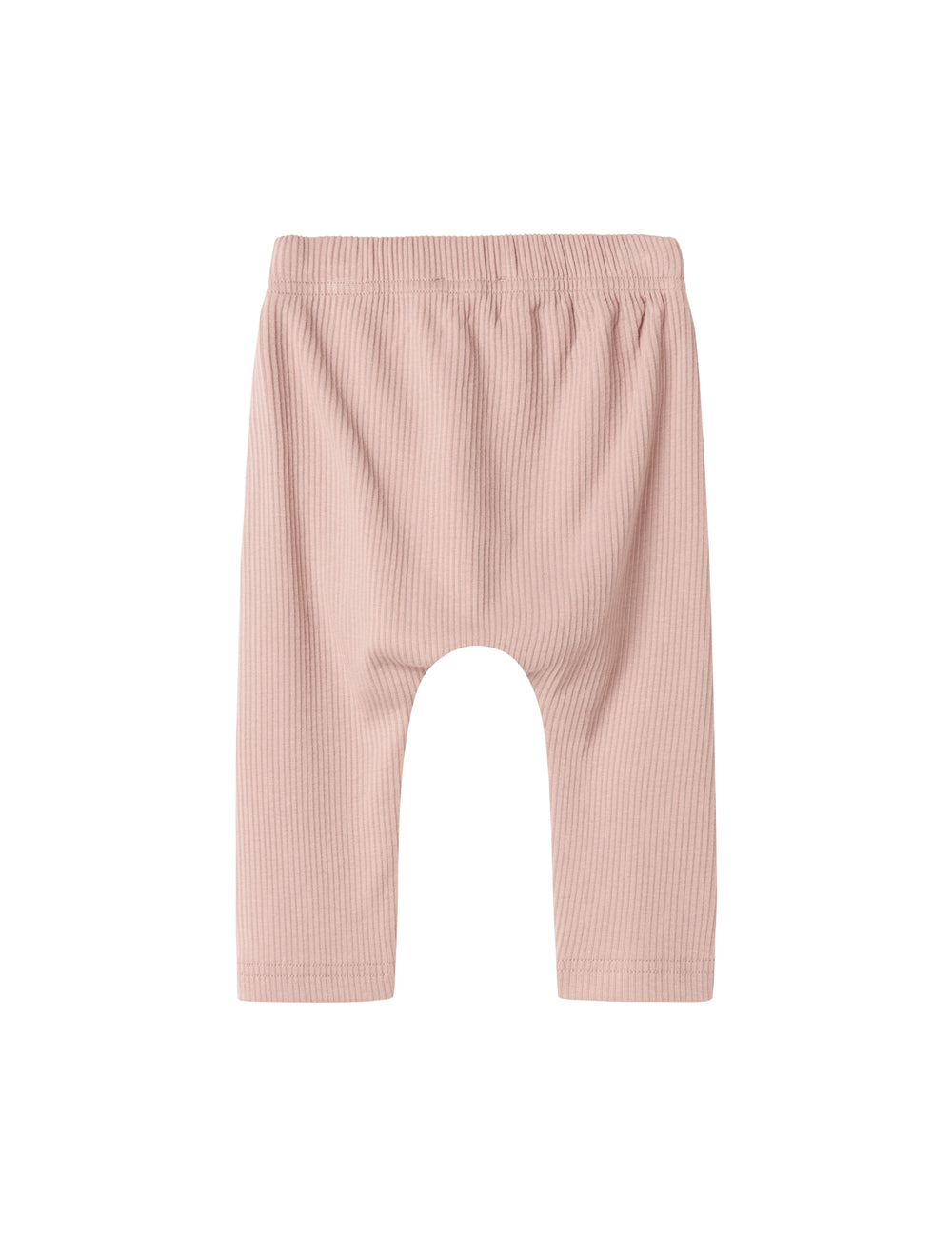 Lyserøde ribstrikkede babybukser med elastisk talje og snor
