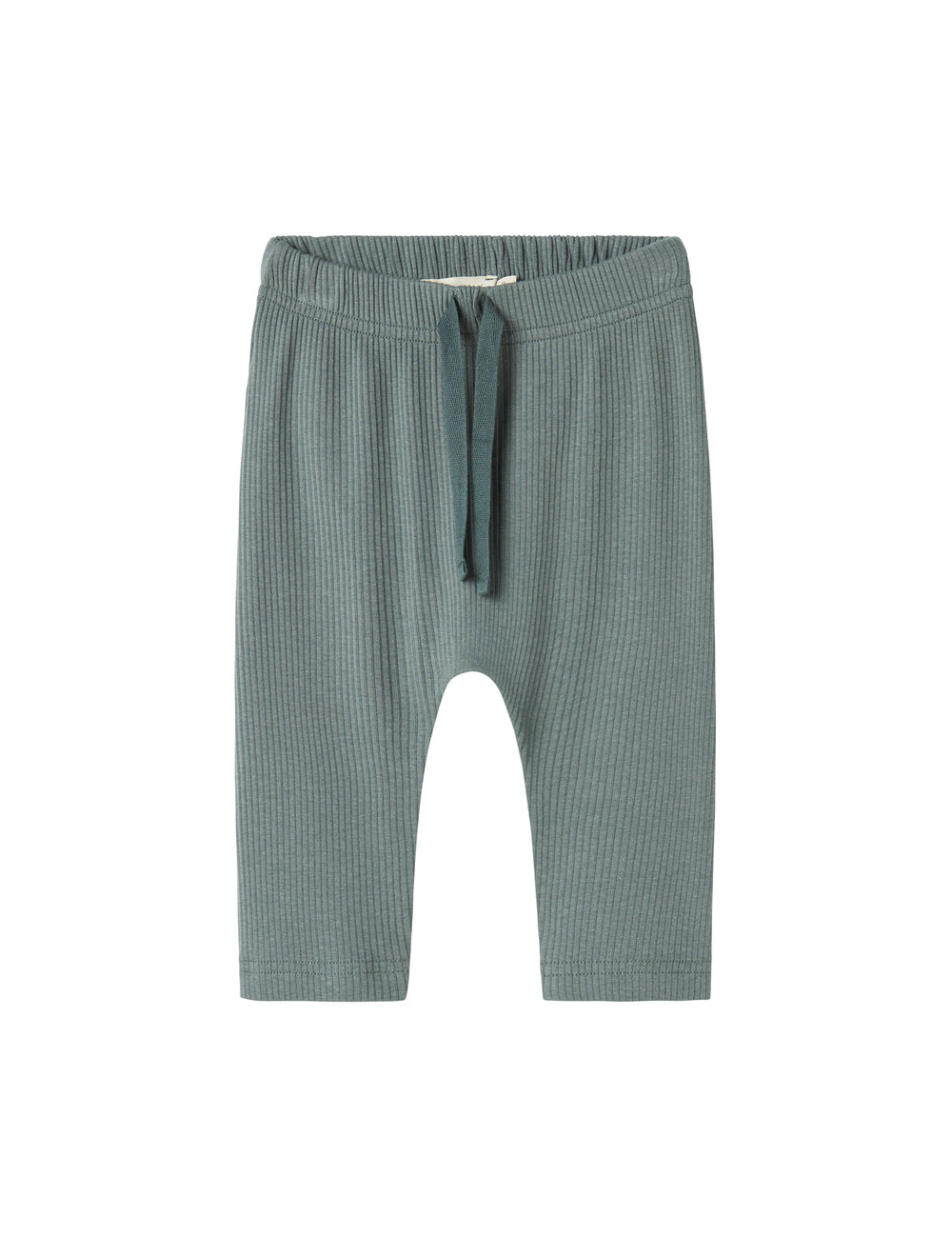 Grøne ribstrikkede babybukser med snøre i taljen