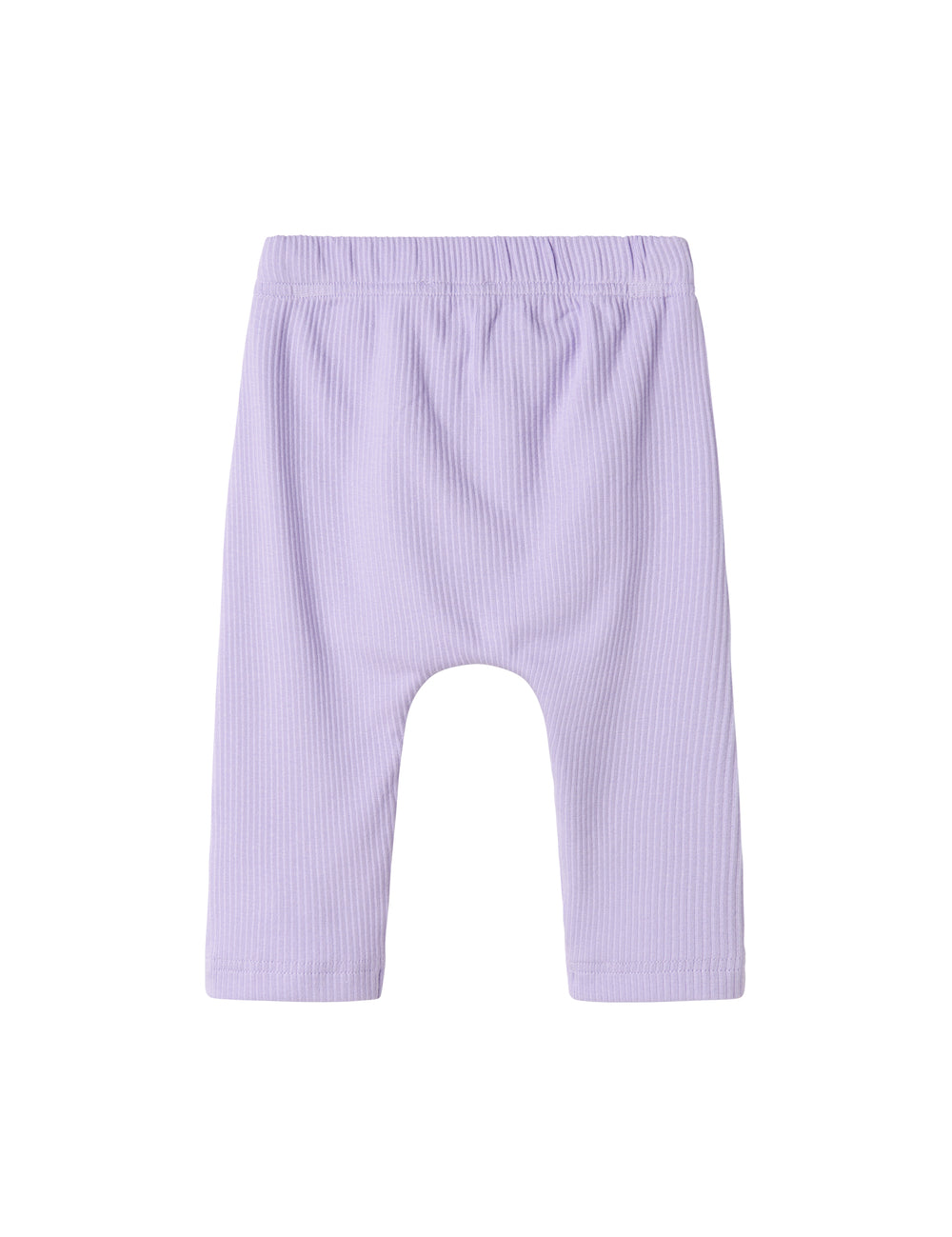 Lilla ribstrikkede babybukser med elastisk talje og snor