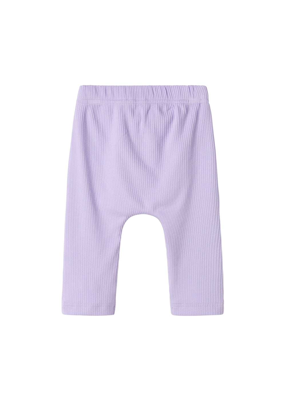 Lilla ribstrikkede babybukser med elastisk talje og snor