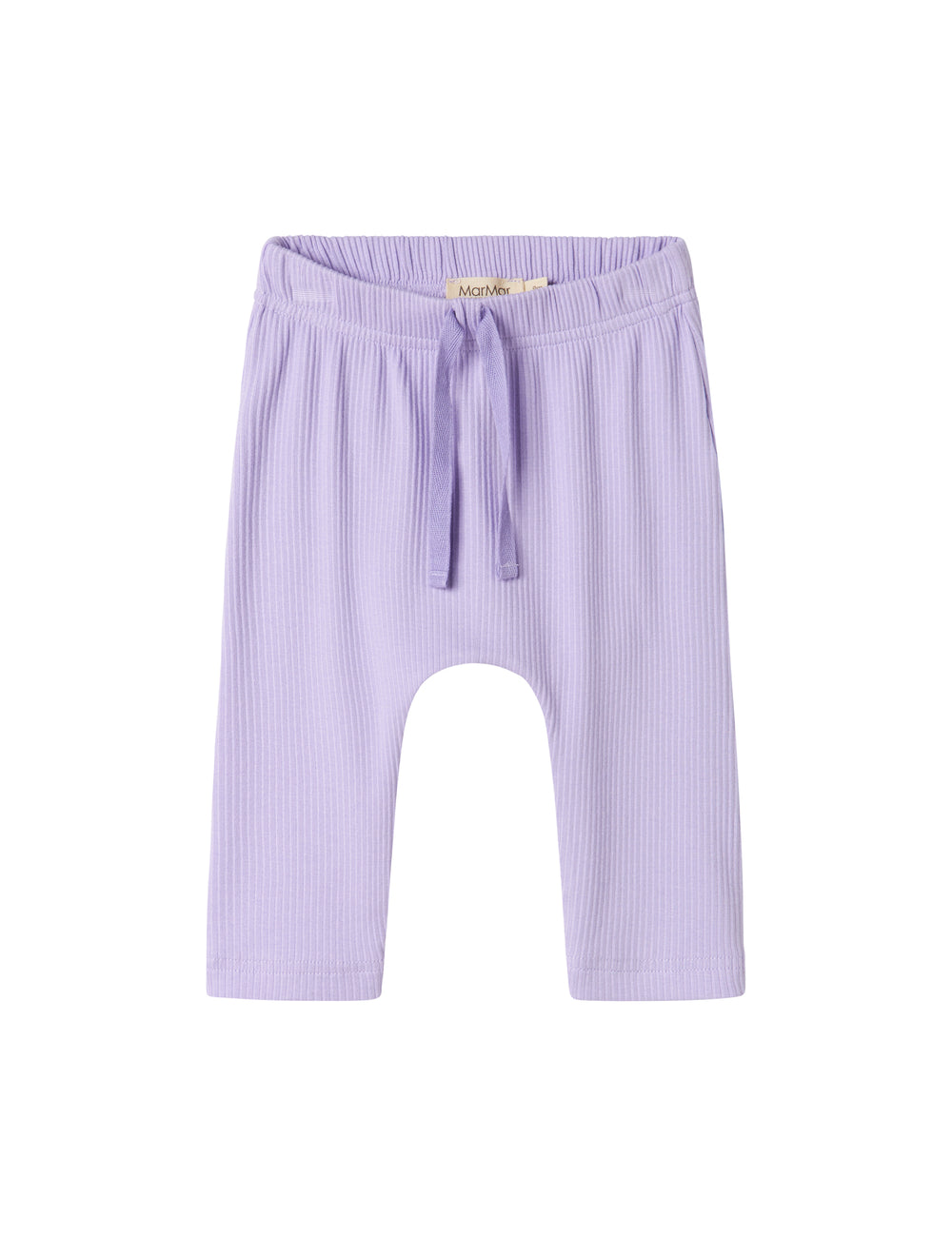 Lilla ribstrikkede babybukser med elastisk talje og snor