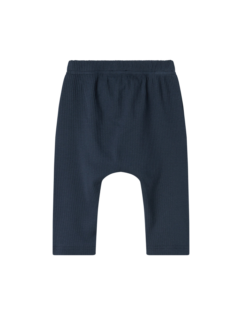 Blå ribstrikkede babybukser med elastisk talje og snor