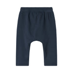 Blå ribstrikkede babybukser med elastisk talje og snor