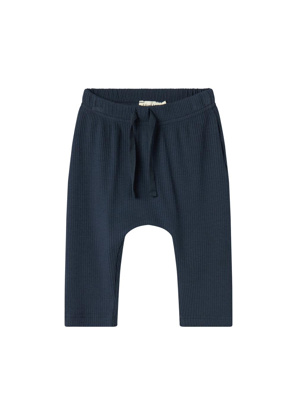Blå ribstrikkede babybukser med elastisk talje og snor