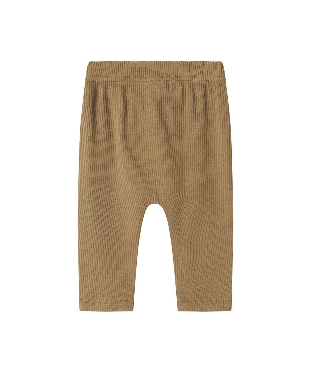 Brune ribstrikkede babybukser med elastisk talje og snor