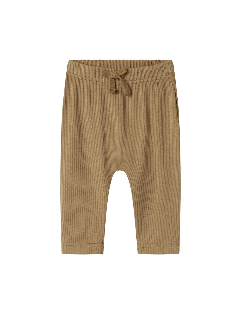 Brune ribstrikkede babybukser med elastisk talje og snor