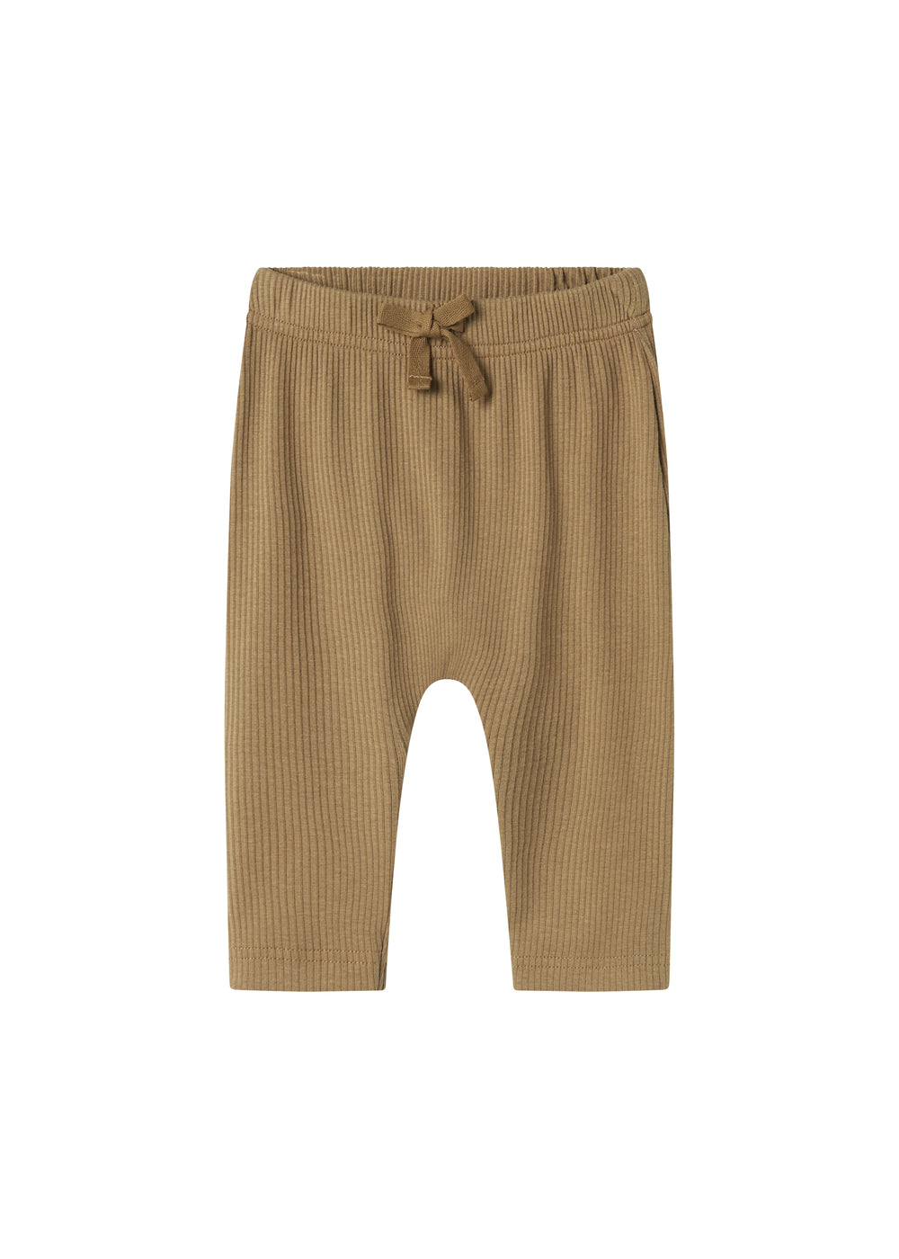 Brune ribstrikkede babybukser med elastisk talje og snor