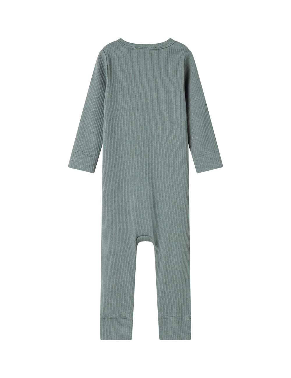 Grøn ribstrikket heldragt med lange ærmer og ben og knapper til baby