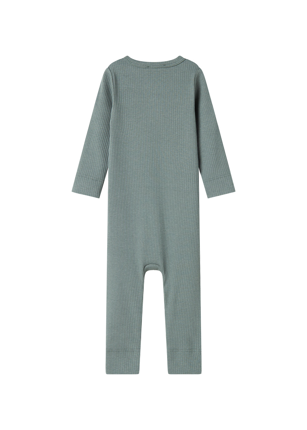 Grøn ribstrikket heldragt med lange ærmer og ben og knapper til baby