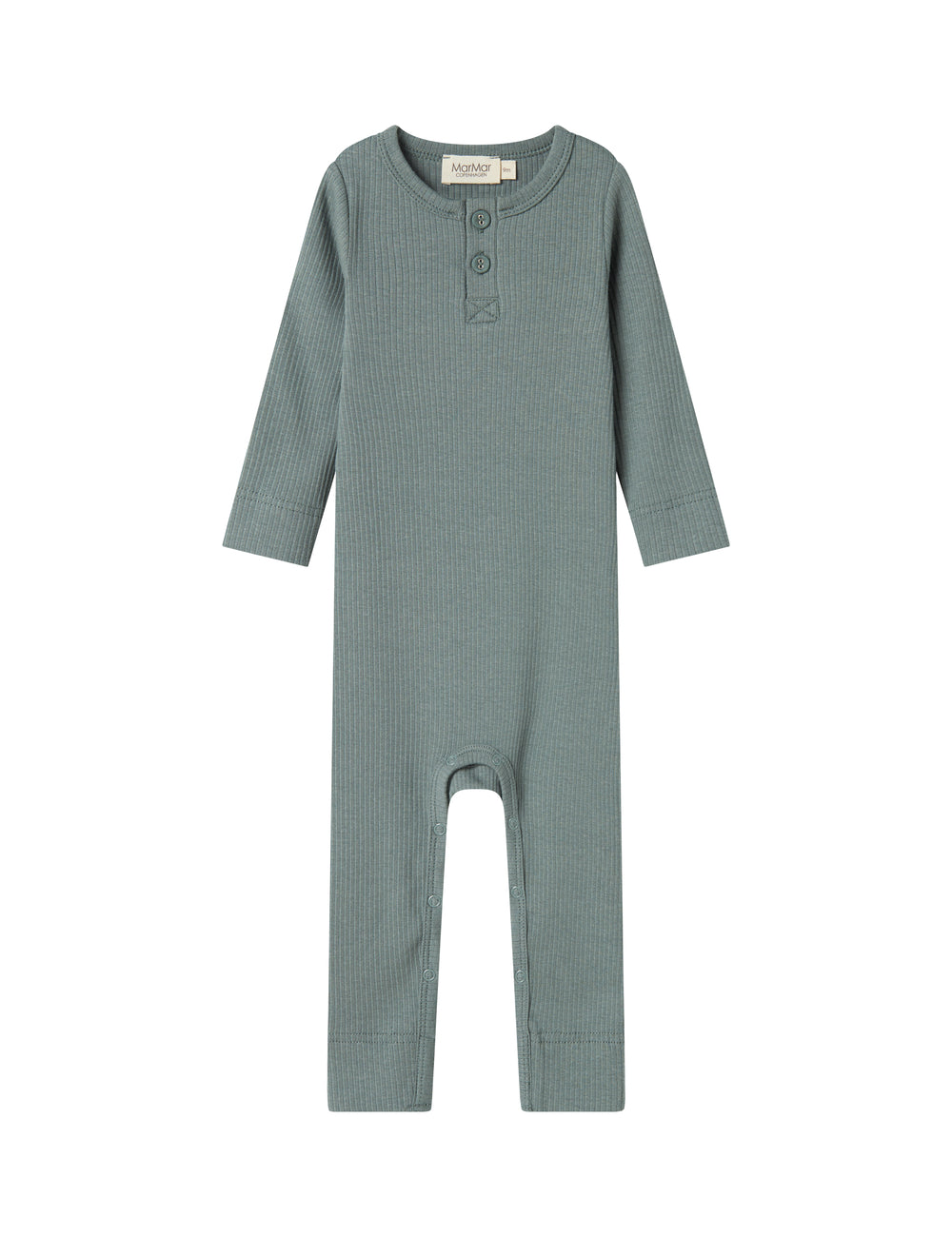 Grøn ribstrikket holdt med lange ærmer og ben og knapper til baby