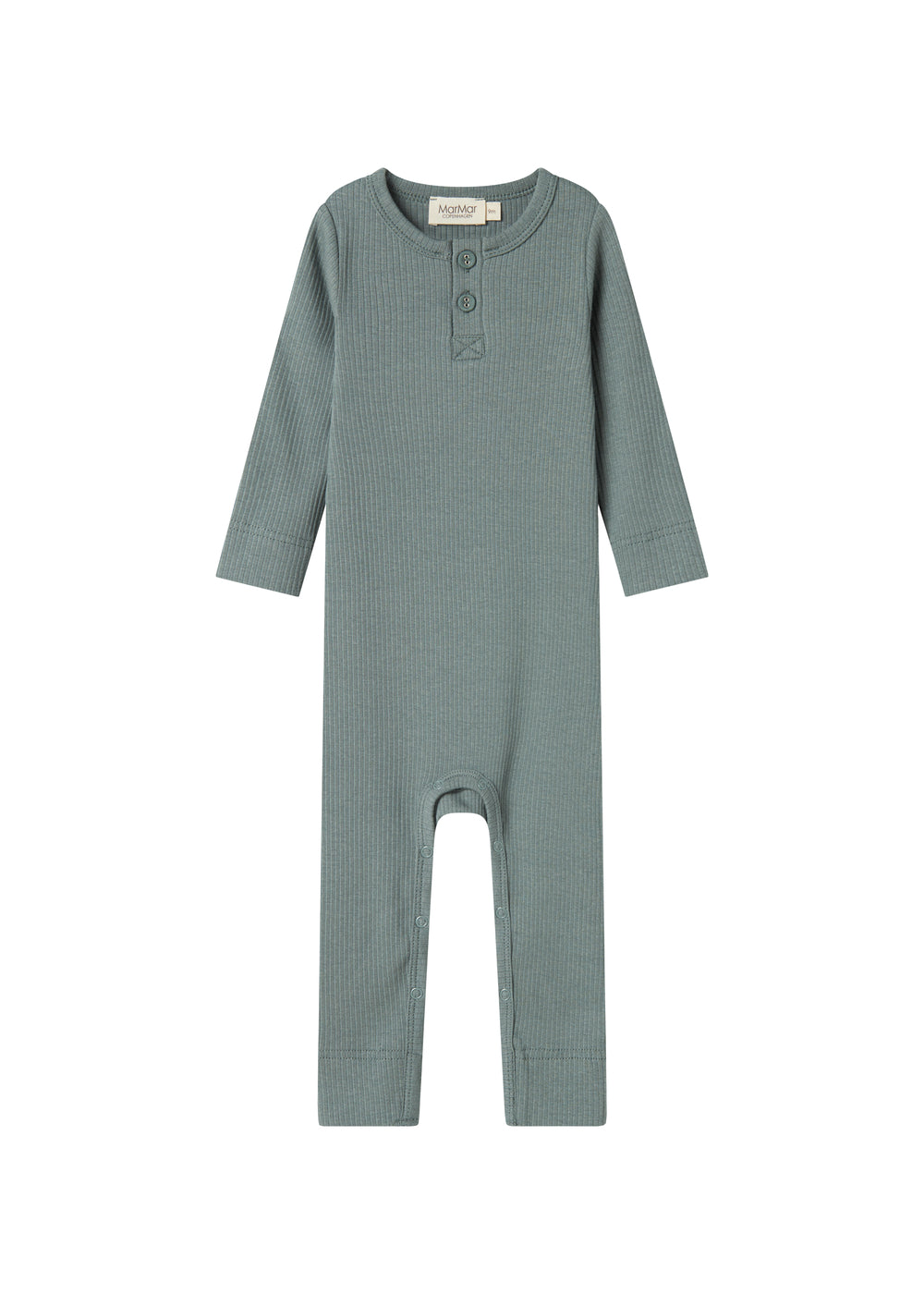 Grøn ribstrikket heldragt med lange ærmer og ben og knapper til baby