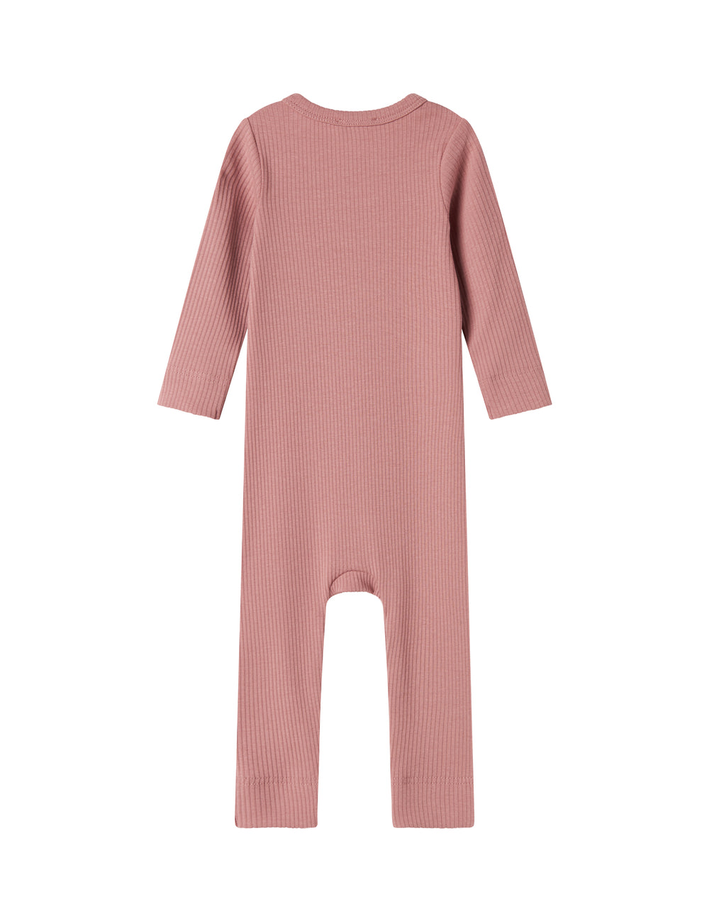 Lyserød ribstrikket heldragt med lange ærmer og ben og knapper til baby