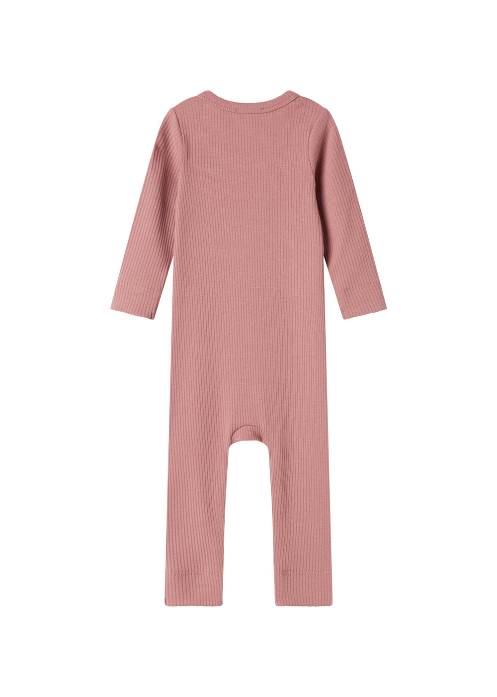 Lyserød ribstrikket heldragt med lange ærmer og ben og knapper til baby