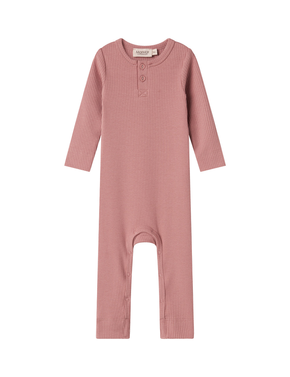 Lyserød ribstrikket holdt med lange ærmer og ben og knapper til baby