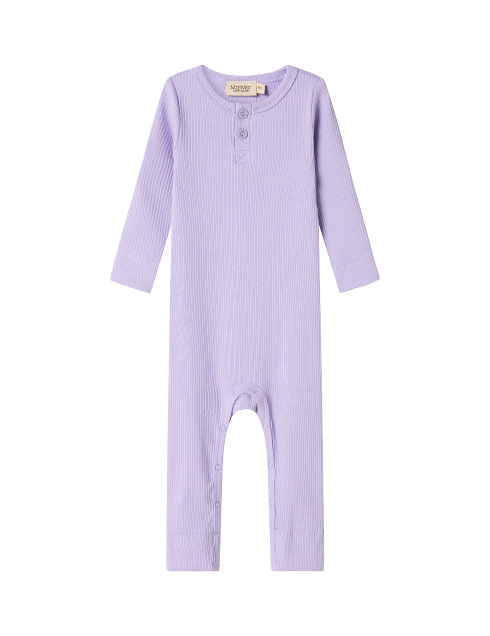 Ribbstrikket lilla heldragt til baby i blødt materiale med lange ærmer, lange ben og knapper.