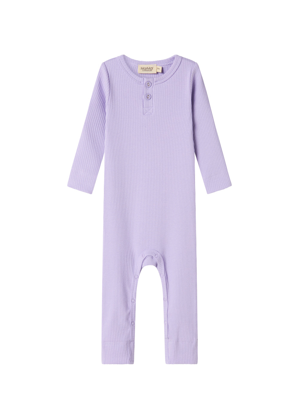 Ribbstrikket lilla heldragt til baby i blødt materiale med lange ærmer, lange ben og knapper