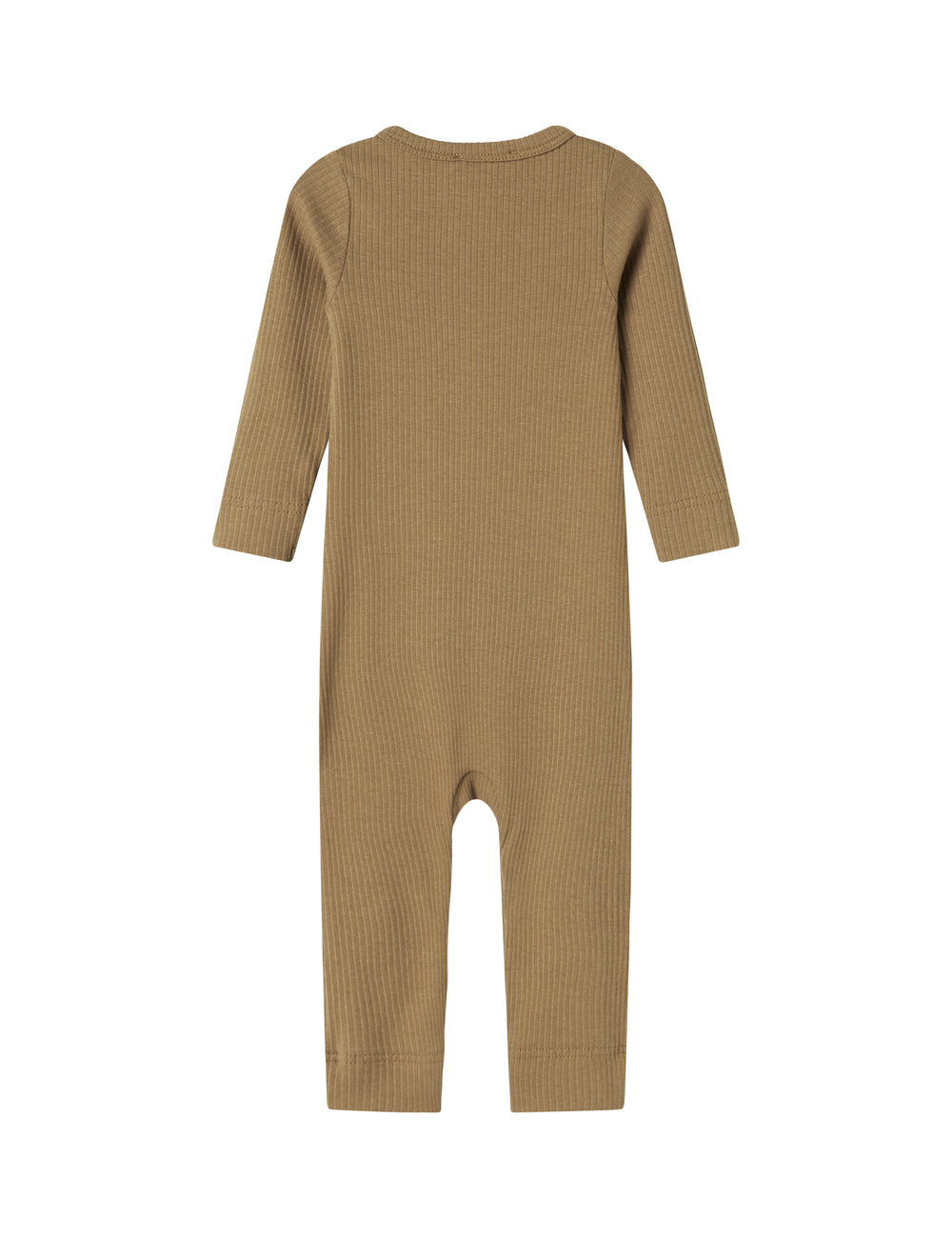 Ribbstrikket brun heldragt til baby i blødt materiale med lange ærmer, lange ben og knapper